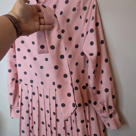 Polka Dot Dress Ascot Neck Tie Bow Pink Black Full Button Down Midi Length Small - Picture 4 of 13